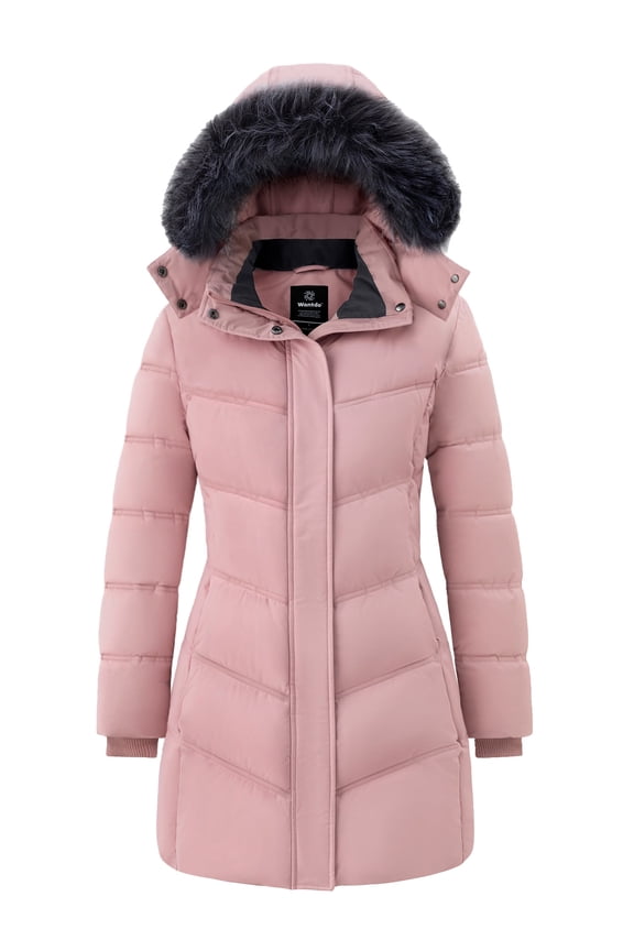 Women's Recycled Winter Coat Warm Winter Jacket Stylish Puffer Coat with Hood Pink L