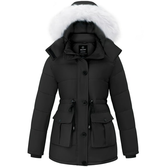 Wantdo Women's Recycled Winter Coat Waterproof Parka Jacket with Detachable Hood Windproof Insulated Coat Black M