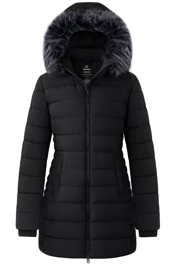Women's Recycled Winter Coat Waterproof Winter Jacket Mid-Length Puffer Jacket Black L