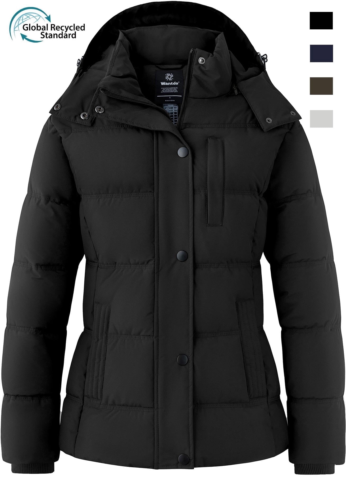Women's Recycled Winter Coats Hooded Puffer Jacket Insulated Warm Winter Jacket Black M