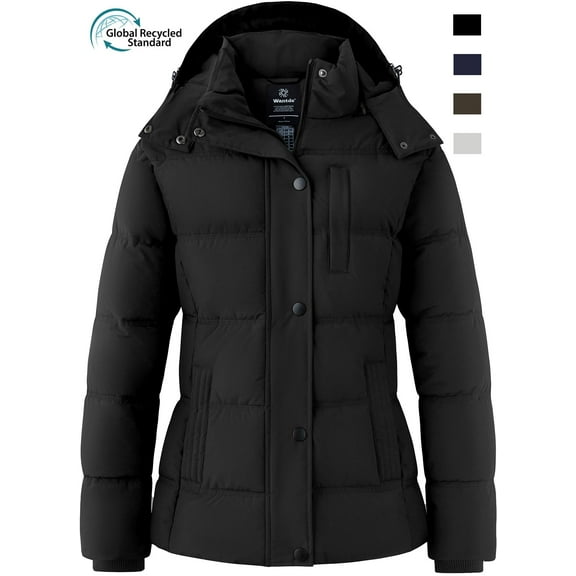 Wantdo Women's Recycled Winter Coats Hooded Puffer Jacket Insulated Warm Winter Jacket Black M