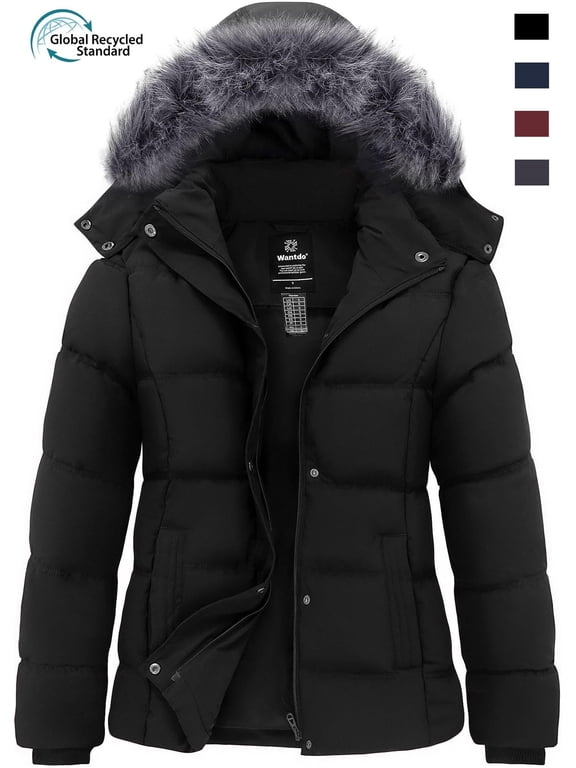 Women's Recycled Winter Coats Warm Winter Jacket Insulated Winter Puffer Coat Black M
