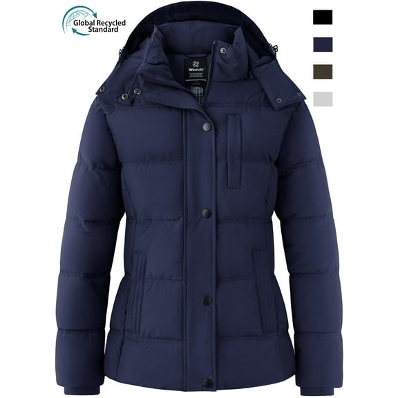 Wantdo Women's Recycled Winter Coats Waterproof Winter Jacket Hooded Fleece Jacket Outerwear Coat Navy XL