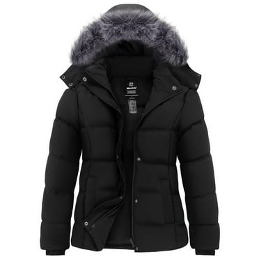 Wantdo Women's Recycled Winter Thicken Puffer Coats Windproof Winter Jacket with Removable Hood Black L