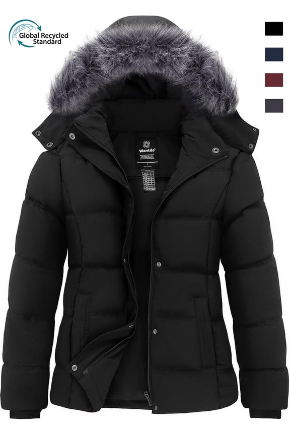 Women's Recycled Winter Thicken Puffer Coats Windproof Winter Jacket with Removable Hood Black L