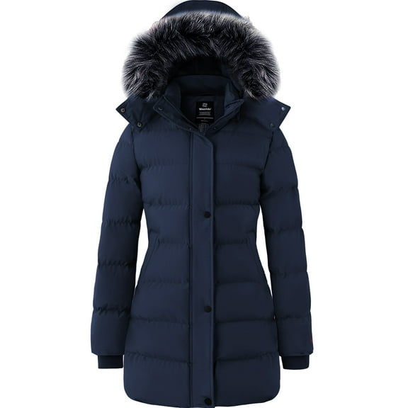 Wantdo Women's Thicken Coat Faux Fur Hooded Winter Jacket Windproof Snow Coat Navy L