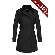 Wantdo Women's Trench Coat Double Breasted Peacoat Windproof Outerwear Coat with Belt Black M