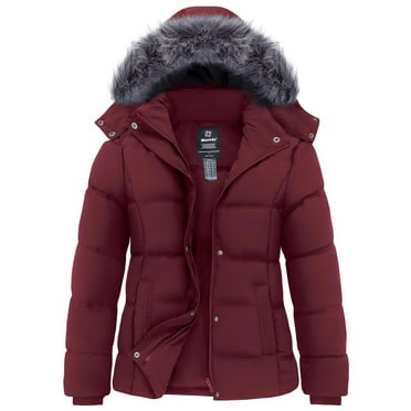 Wantdo Women's Windproof Jackets Waterproof Winter Coat Warm Windbreaker with Hood Wine Red L