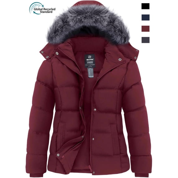 Wantdo Women's Windproof Jackets Waterproof Winter Coat Warm Windbreaker with Hood Wine Red L