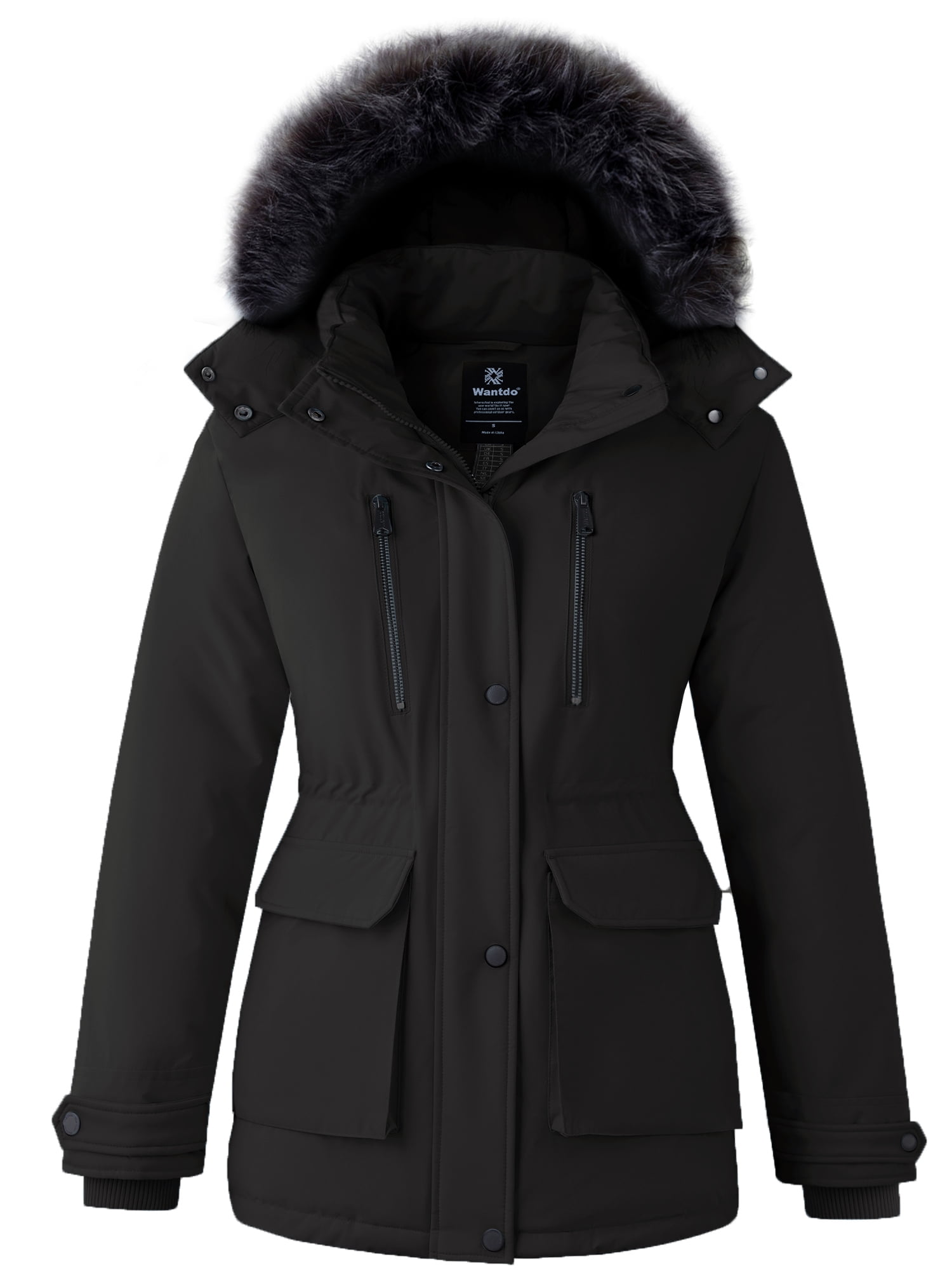 Women's Recycled Winter Coat Long Quilted Winter Jacket Thickened Puffer Parka with Removable Hood Black L