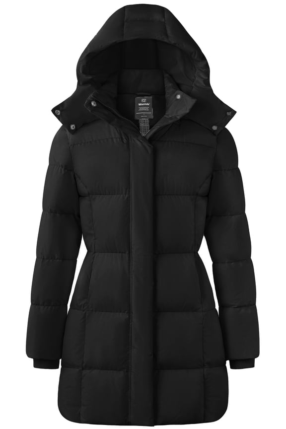 Women's Winter Coat Padded Winter Jacket Recycled Waterproof Windproof Hooded Parka Black XL