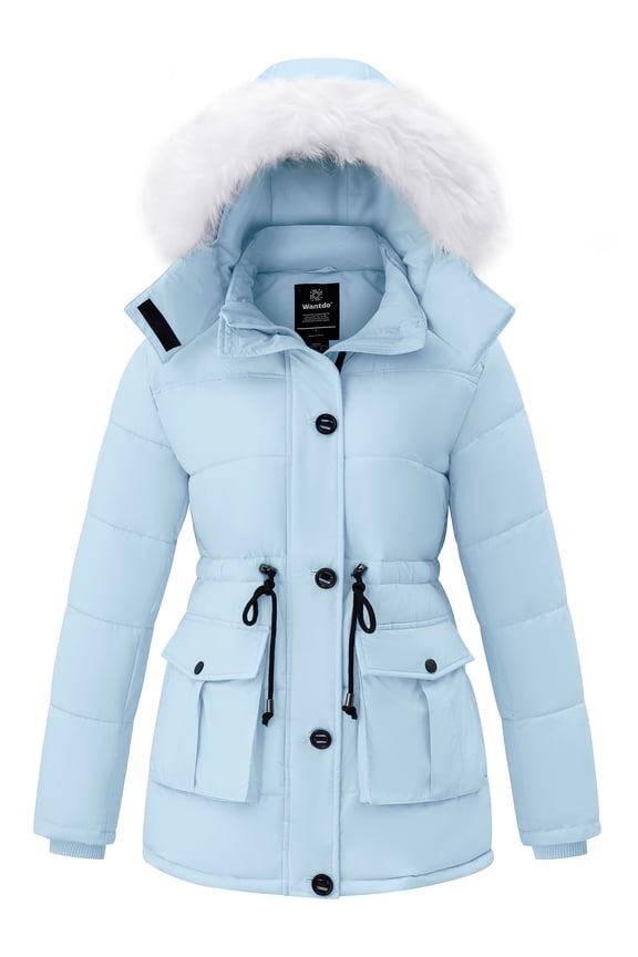 Women's Winter Coat Recycled Breathable Parka with Removable Hood & Thickened Insulation Light Blue L