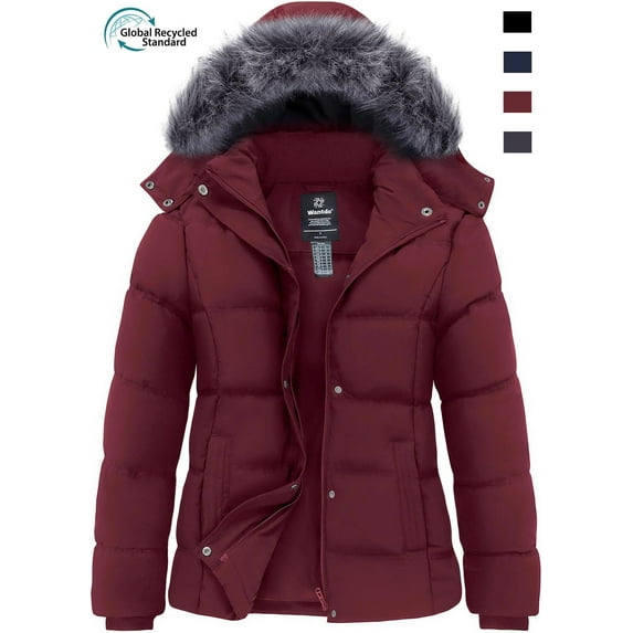 Wantdo Women's Winter Coat Recycled Quilted Puffer Jacket Warm Hooded Outerwear Coat Wine Red S