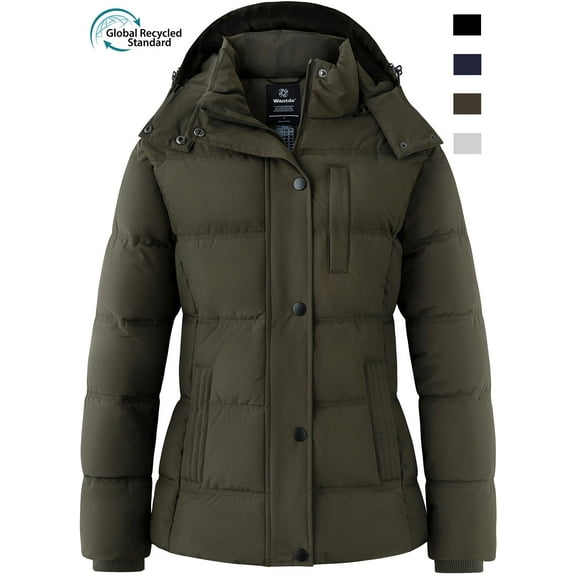Wantdo Women's Winter Coat Recycled Quilted Puffer Jacket Waterproof Snow Coats with Hood Army Green L
