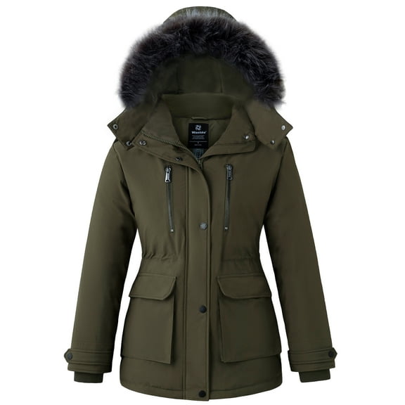 Wantdo Women's Winter Coat Recycled Warm Puffer Jacket Hooded Winter Parka with Detachable Hood Army Green L