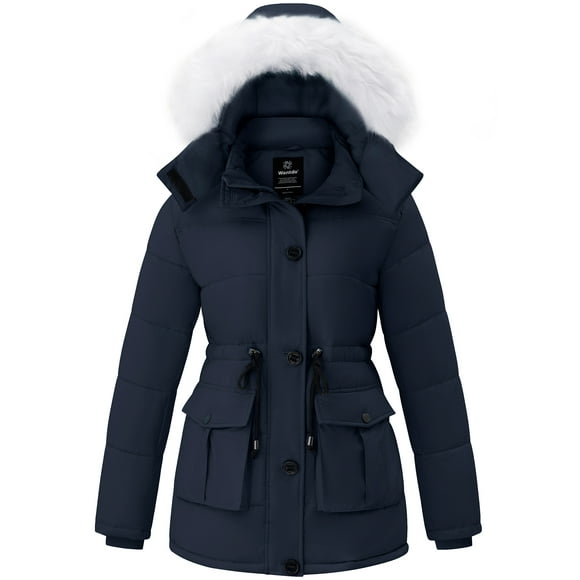Women's Winter Coat Recycled Waterproof Warm Jacket with Detachable Hood & Breathable Design Navy M
