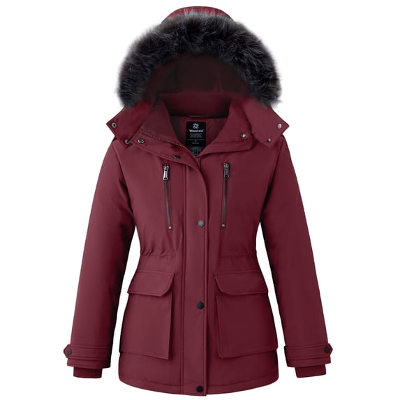 Wantdo Women's Winter Coat Warm Waterproof Puffer Jacket Hooded Winter Parka Jacket Wine Red M