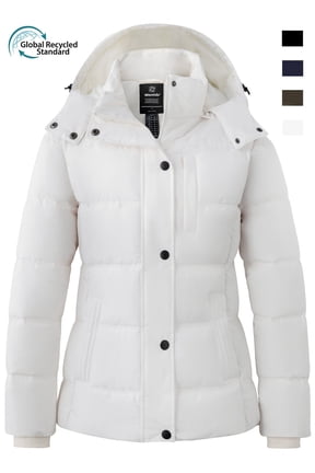 Women's Winter Coats Warm Puffer Jacket Recycled Hooded Winter Bubble Jacket White L