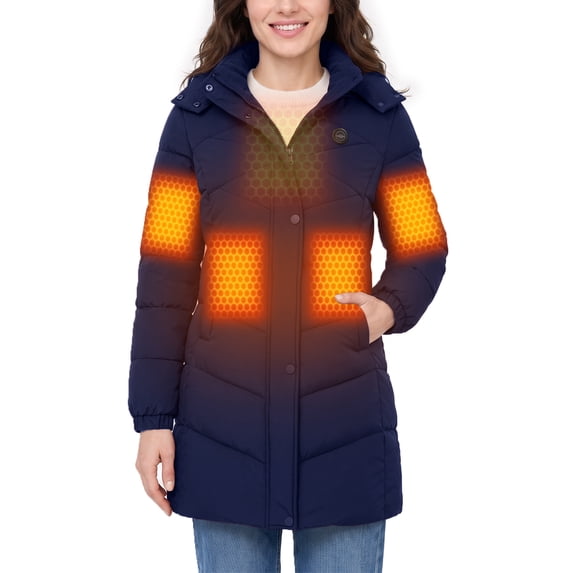 Wantdo Women's Winter Heated Jacket with 20000mAh Battery Pack, Mid Length Warm Coat for Cold Weather Navy X-Large