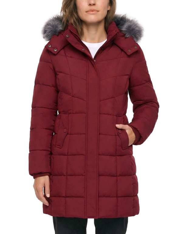 Women's Recycled Winter Coat Warm Winter Jacket Insulated Puffy Coat with Hood Wine Red M