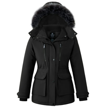 Wantdo Women's Winter Jacket Quilted Warm Faux Fur Hooded Winter Coat Windproof Puffer Parka Jacket Black S