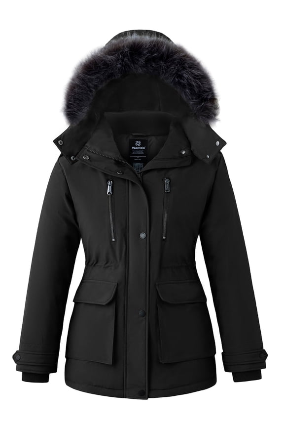 Women's Winter Jacket Quilted Warm Faux Fur Hooded Winter Coat Windproof Puffer Parka Jacket Black S