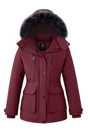 Women's Winter Jacket Recycled Insulated Puffer Jacket Windproof Winter Padded Hooded Parka Coat Wine Red XL