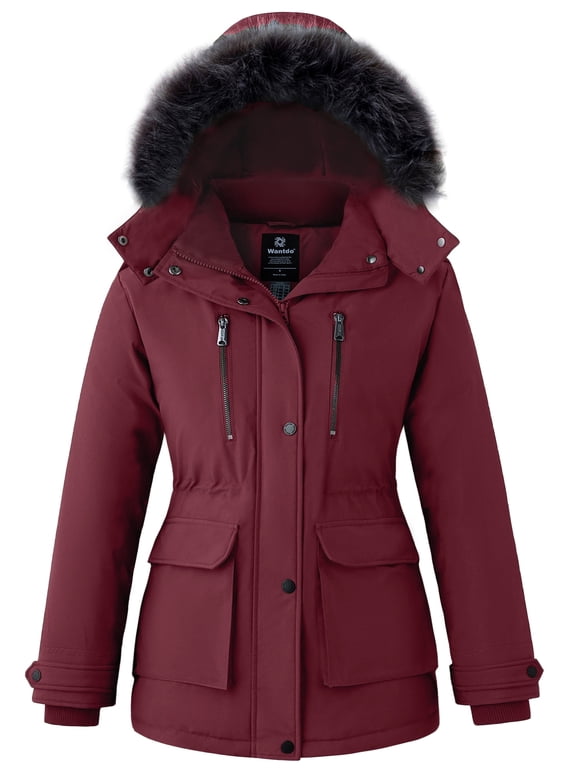 Women's Winter Jacket Recycled Insulated Puffer Jacket Windproof Winter Padded Hooded Parka Coat Wine Red XL