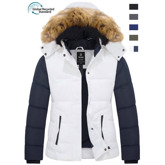 Wantdo Women's Winter Jacket Waterproof Winter Coat Windproof Puffer Jacket White & Navy L