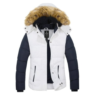 Wantdo Women's Winter Jacket Waterproof Winter Coat Windproof Puffer Jacket White & Navy L