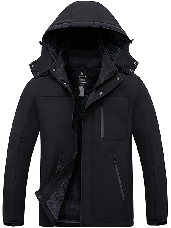 Men's Big&Tall Jacket Waterproof Ski Jacket Fleece-Lined Skiing Coat with Hood Black 4XL