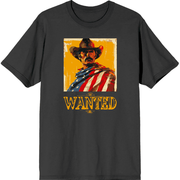 "Wanted" Cowboy With American Flag Adult Charcoal Crew Neck Short Sleeve Tee-XS
