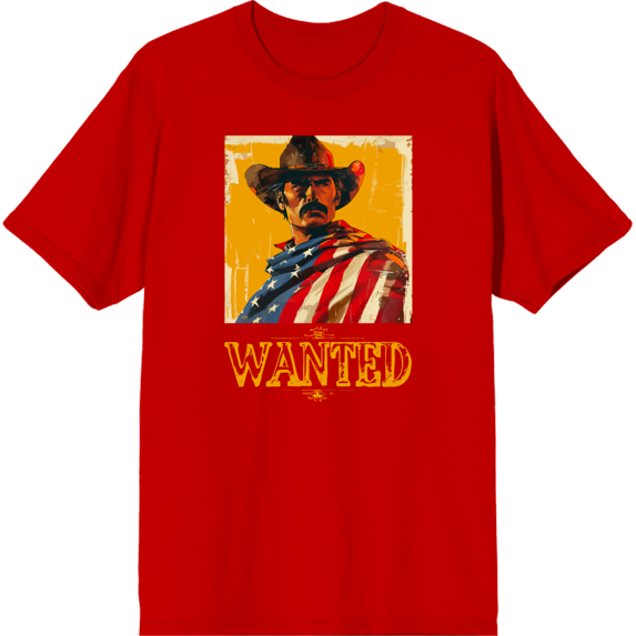 "Wanted" Cowboy With American Flag Adult Red Crew Neck Short Sleeve Tee-Small