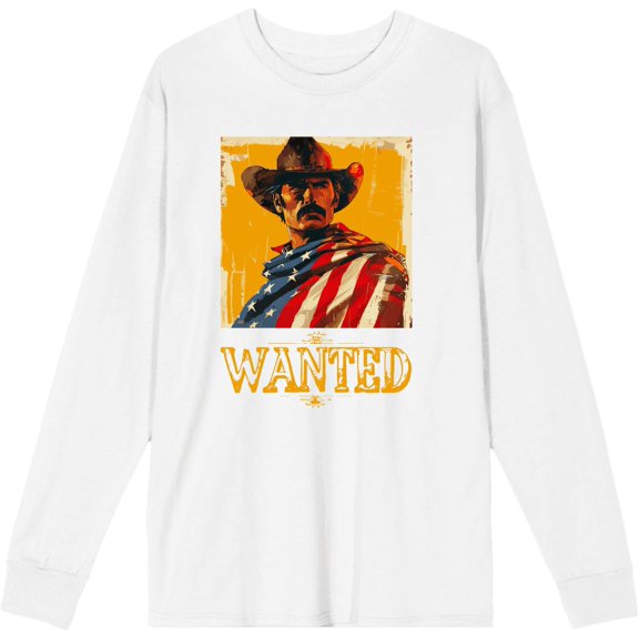 "Wanted" Cowboy With American Flag Adult White Crew Neck Long Sleeve Tee-Medium