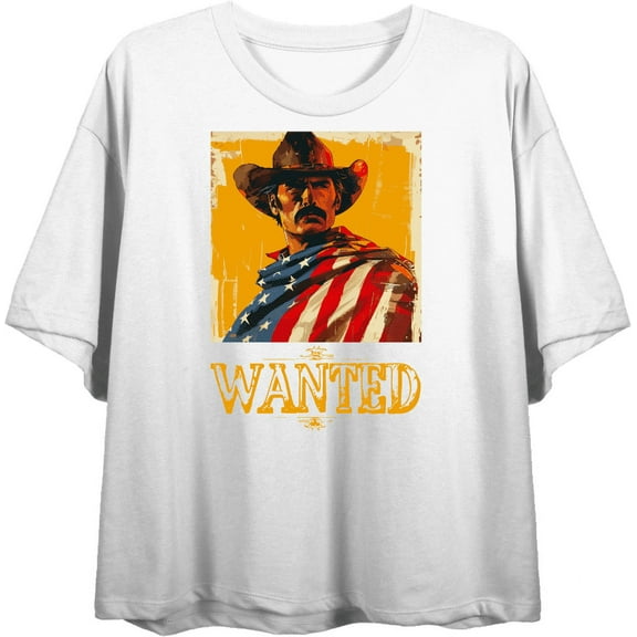 "Wanted" Cowboy With American Flag Women's White Crew Neck Short Sleeve Top-Medium