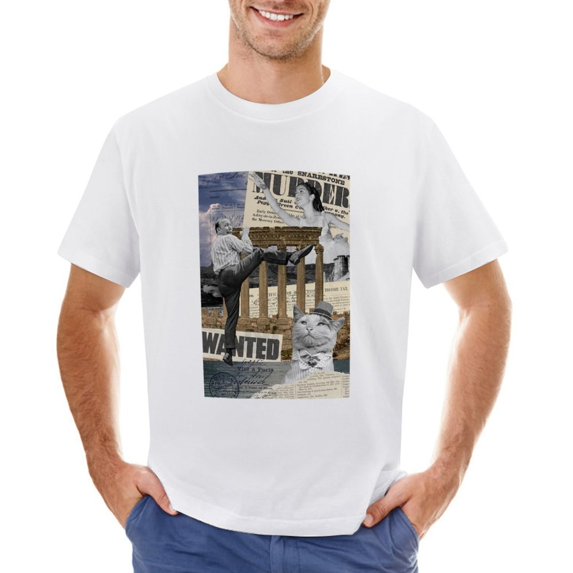 Wanted Human Cat Vintage T-shirt Mens Cotton Classic Crewneck Short Sleeve Tees Unisex White M