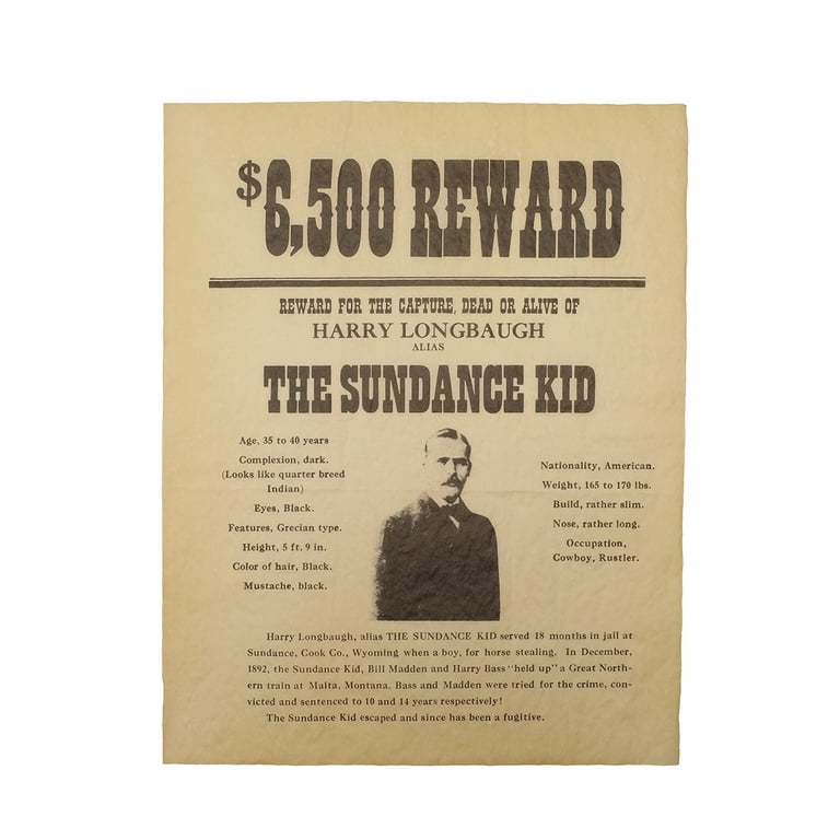 Sundance Kid Wanted Reward Poster Parchment Paper Western Outlaws Decor Wall Art Sundance Kid Wanted Reward Poster Parchment Paper Western Outlaws Decor Wall Art