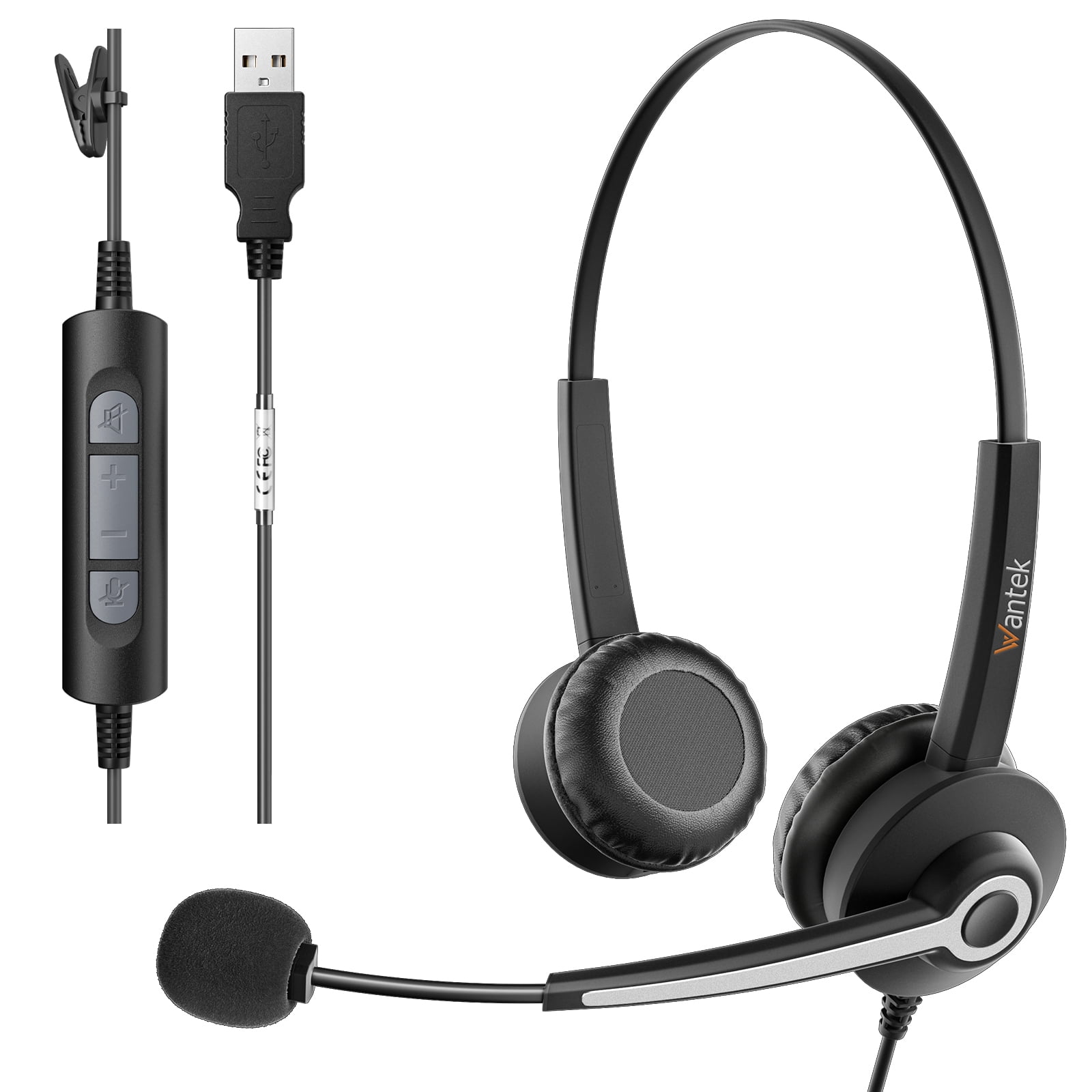 Wantek Binaural Corded USB Headsets with Noise Cancelling Mic and in