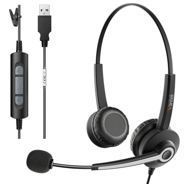 Wantek Binaural Corded USB Headsets with Noise Cancelling Mic and in