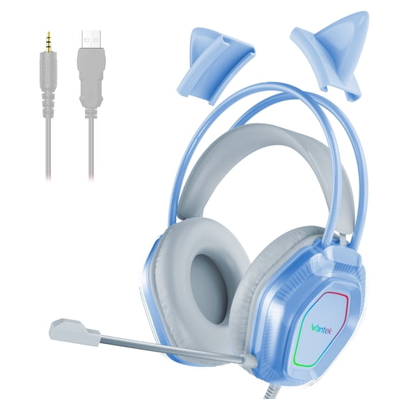 Wantek Gaming Headsets, Surround Stereo Gaming Headphones with Noise Cancelling Mic, LED Lights & Soft Memory Earmuffs for PS5/ PS4/ Xbox One/Nintendo Switch/PC Mac Computer Games- Blue