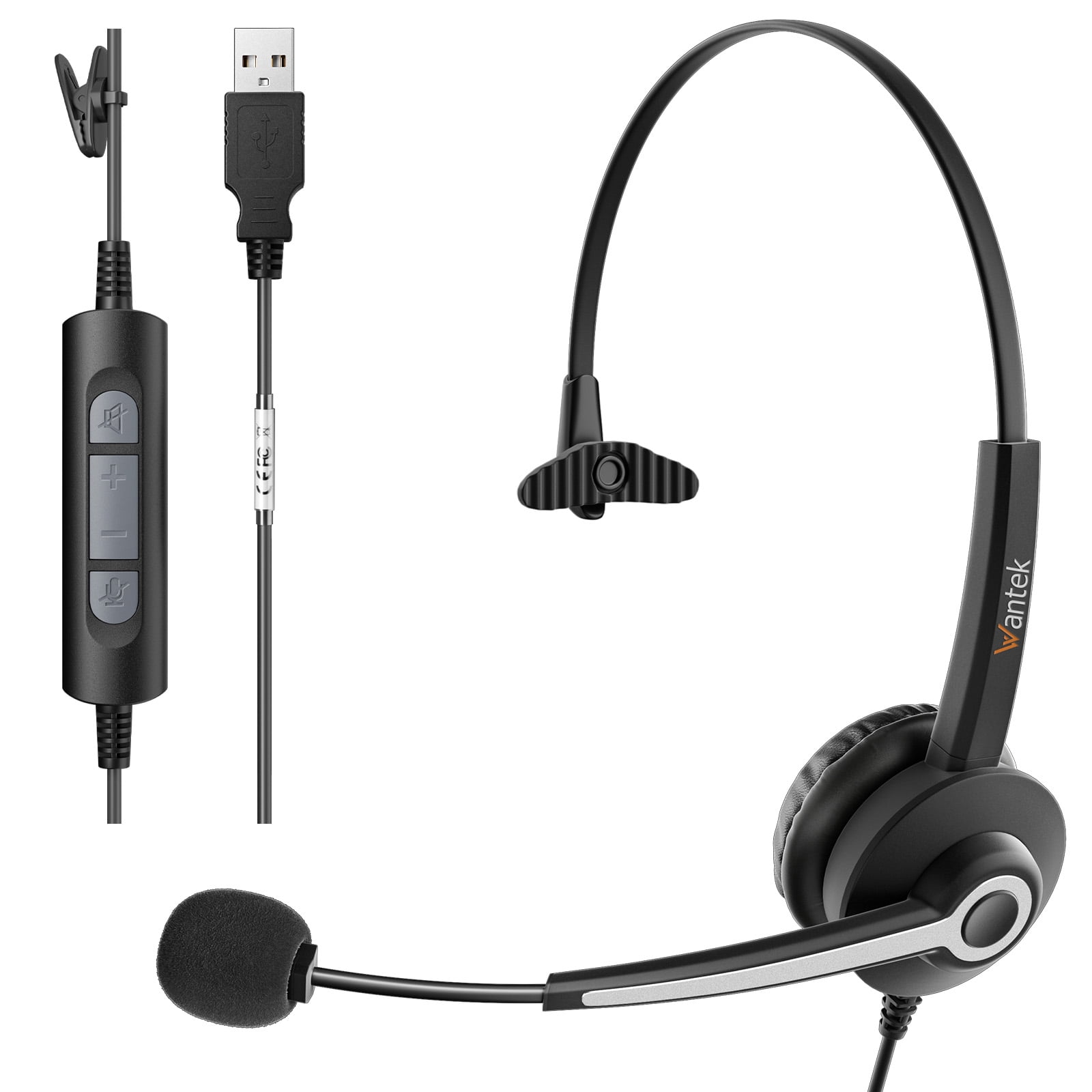 Wantek Monaural Corded USB Headsets with Noise Cancelling Mic and in