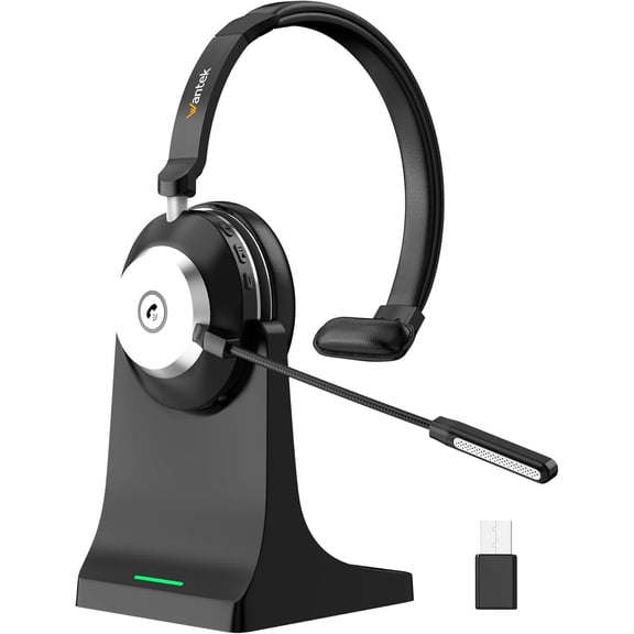 Wantek Mono Wireless Headset with Noise-Canceling Mic, 45H Talktime for Call Center, Truck Drivers, Online Meeting – Bluetooth 5.3 + 2.4G Dongle (Includes Charging Base)