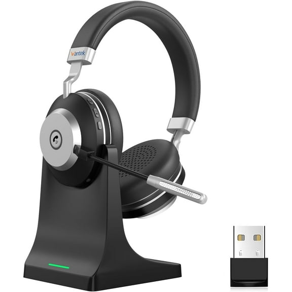 Wantek Over-ear Wireless Headphones with Noise-Canceling Microphone for Truck Drivers, Online Meetings (Includes Charging Base)