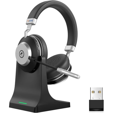 Wantek Over-ear Wireless Headphones with Noise-Canceling Microphone for Truck Drivers, Online Meetings (Includes Charging Base)