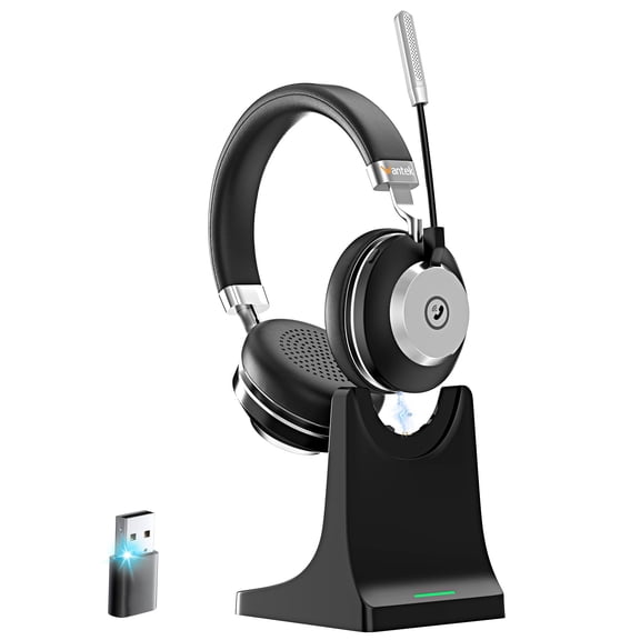 Wantek Over-ear Wireless Headphones with Noise-Canceling Microphone for Truck Drivers, Online Meetings (Includes Charging Base)