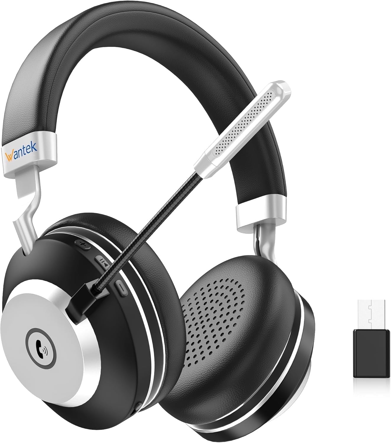 Wantek Wireless Headset with Noise-Canceling Mic, 52H Talktime for Call Center, Truck Drivers, Online Meeting – Bluetooth 5.3 + 2.4G Dongle