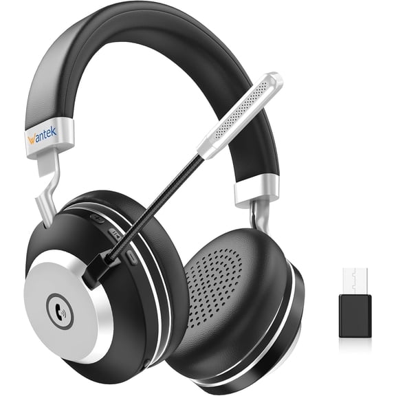 Wantek Wireless Headset with Noise-Canceling Mic, 52H Talktime for Call Center, Truck Drivers, Online Meeting – Bluetooth 5.3 + 2.4G Dongle