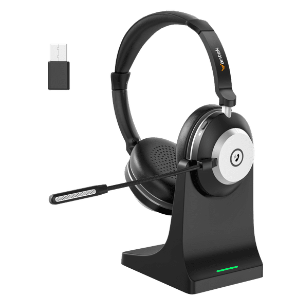 Wantek Over-ear wireless headset with noise-canceling microphone for truck drivers, customer service call centers, online meetings (Includes charging base)