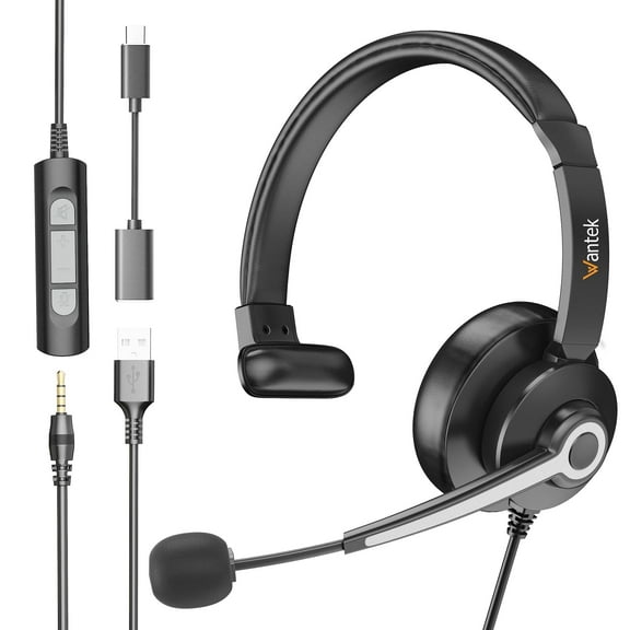 Wantek USB Headset with Microphone for PC,Laptop,3.5mm/USB/Type-C Jack 3-in-1 Computer Headset with Noise Cancelling & Audio Controls,USB Headphones for Call Center,Work,Office,Binaural