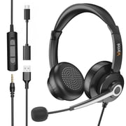 Wantek USB Headset with Microphone for PC, Laptop, 3-in-1 Computer Headset with Noise Cancelling and Audio Controls, USB Headphones for Call Center, Work, Office